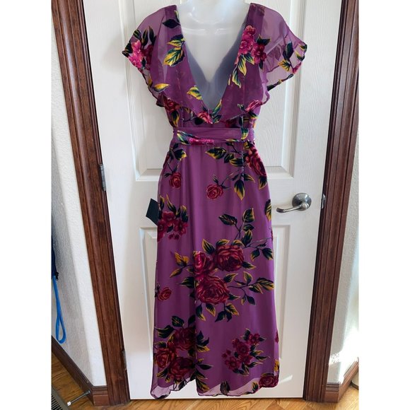 NWT Lulus Floral Passions Plum Purple Floral Velvet Wrap Midi Dress Size Large - Picture 9 of 13